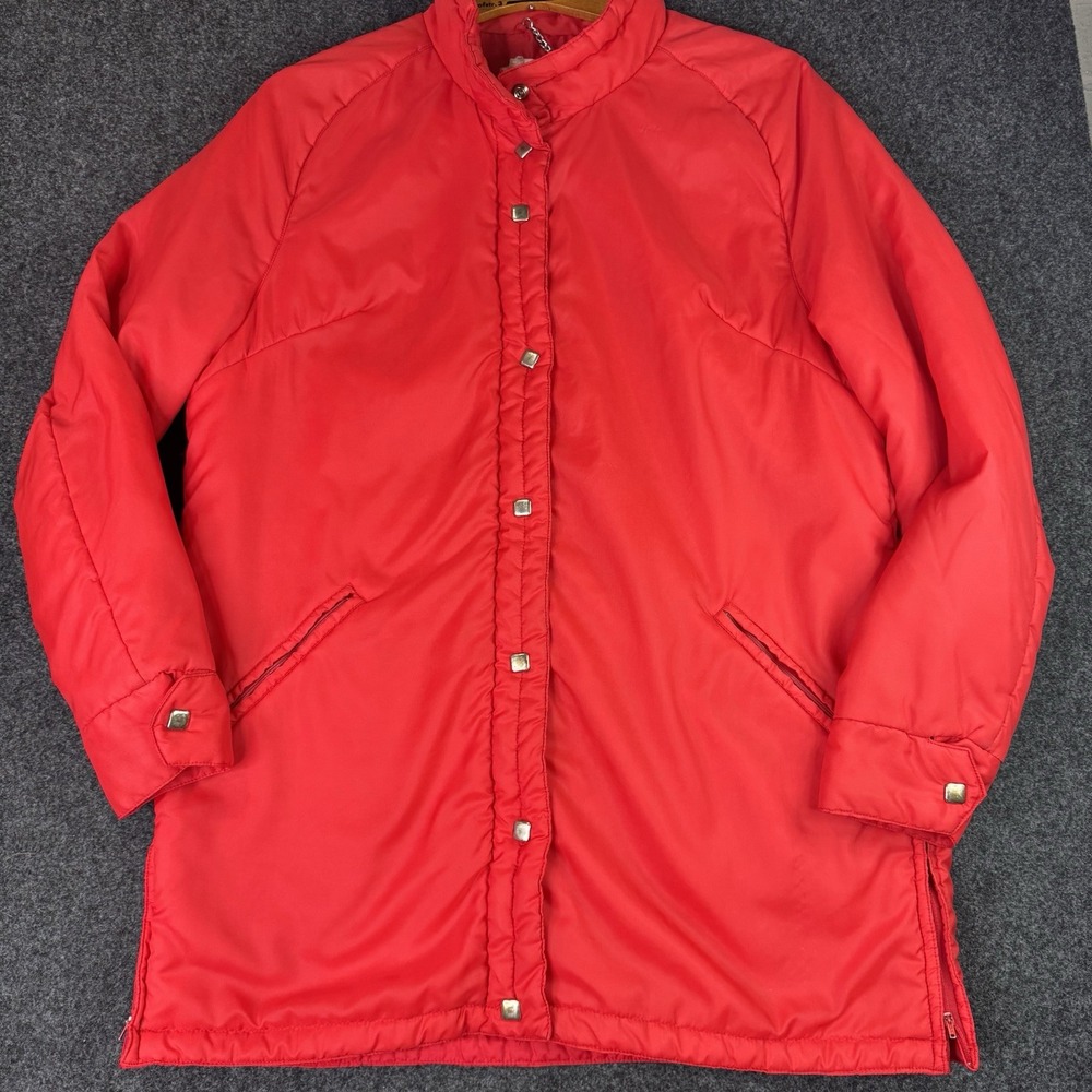 Vintage Russ Red Puffer Coat Women's L XL Long Ski Jacket Snap Front 80s 90s